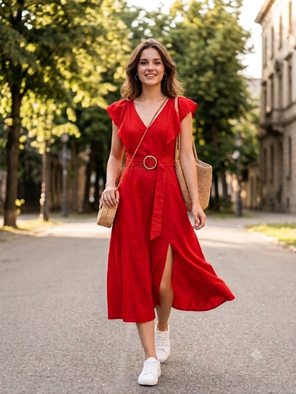 LOFT Red V-Neck Midi Dress with Belted Waist